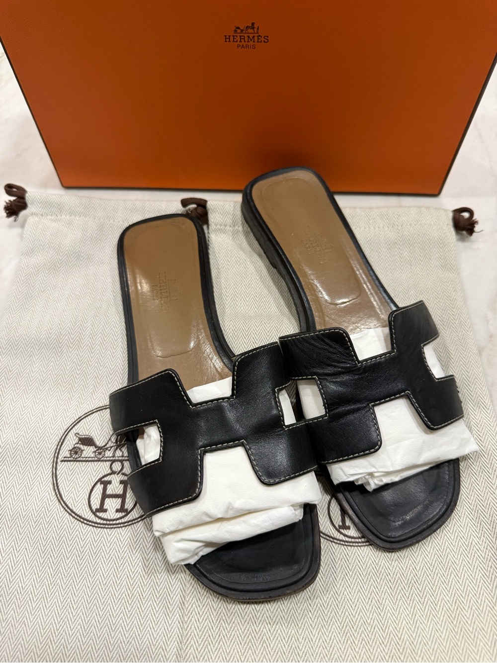 Hermes Oran Sandals Black 37.5